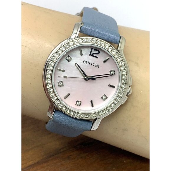 Bulova Women's Watch 96L254 Quartz Mother of Pearl Pink Dial Gemmed Leat… - Picture 10 of 13